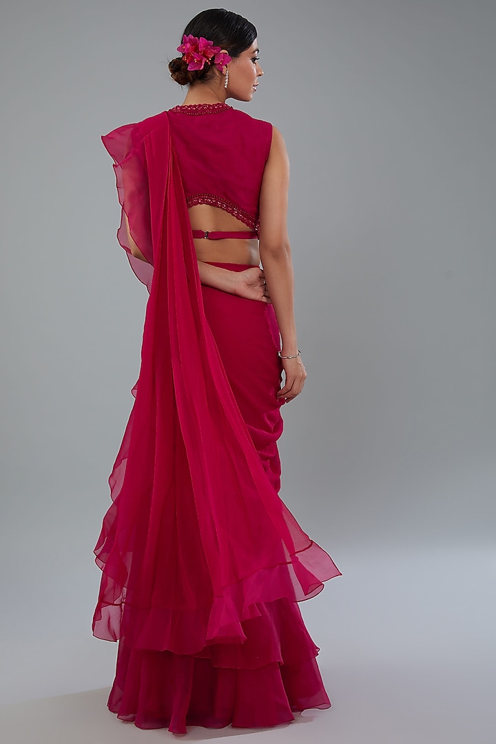 Red Chiffon & Organza Ruffled Reception Saree Set by Ridhi Mehra at Pernia's Pop Up Shop