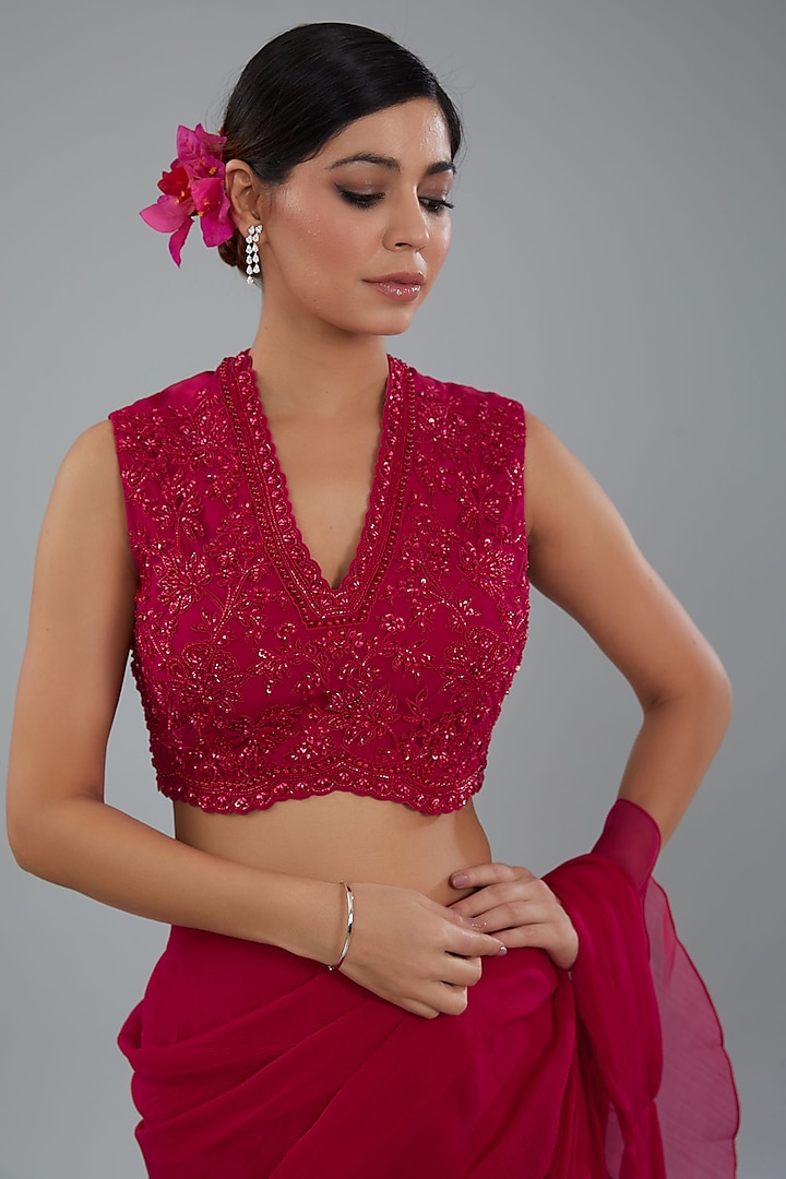 Red Chiffon & Organza Ruffled Reception Saree Set by Ridhi Mehra at Pernia's Pop Up Shop