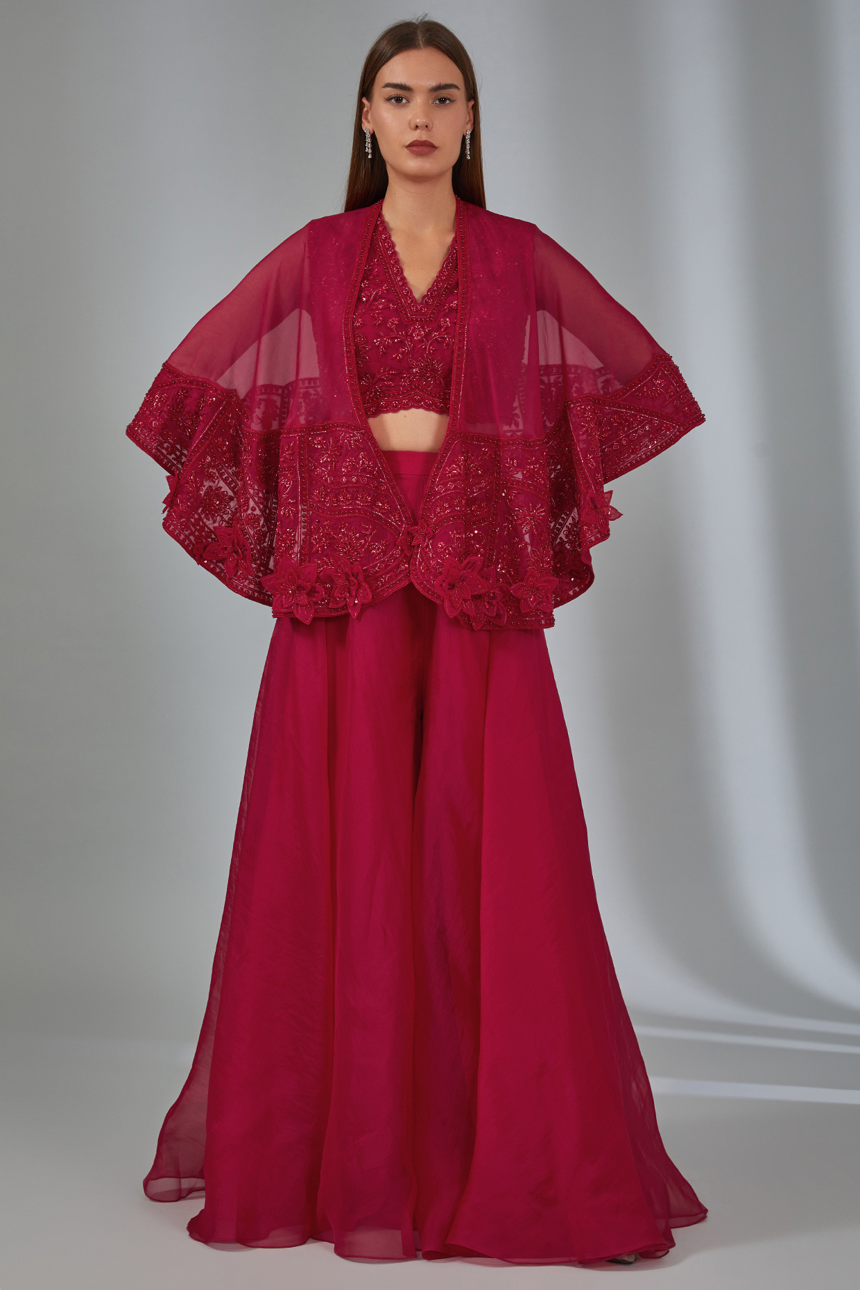 Red Net & Organza Embroidered Cape Set by Ridhi Mehra at Pernia's Pop Up Shop