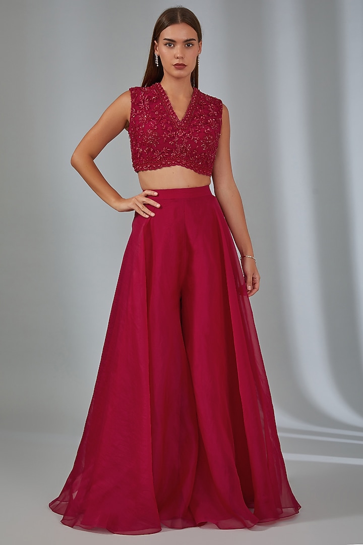 Red Net & Organza Embroidered Cape Set by Ridhi Mehra at Pernia's Pop Up Shop