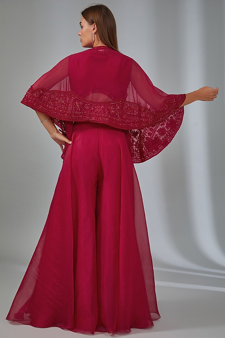 Red Net & Organza Embroidered Cape Set by Ridhi Mehra at Pernia's Pop Up Shop