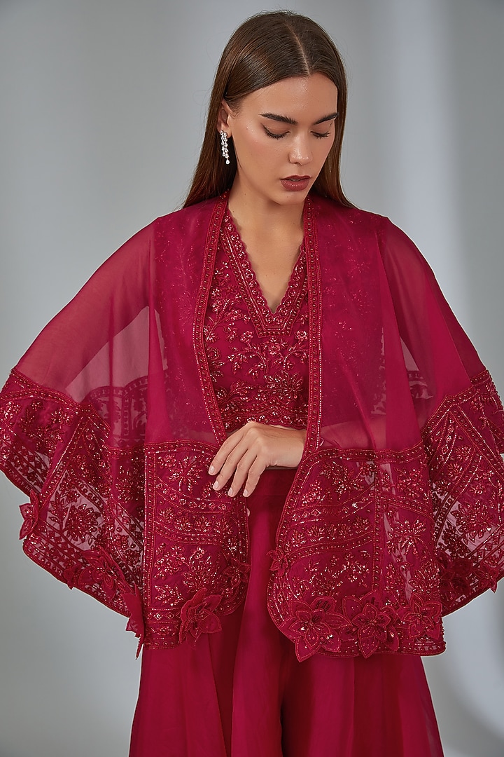 Red Net & Organza Embroidered Cape Set by Ridhi Mehra at Pernia's Pop Up Shop