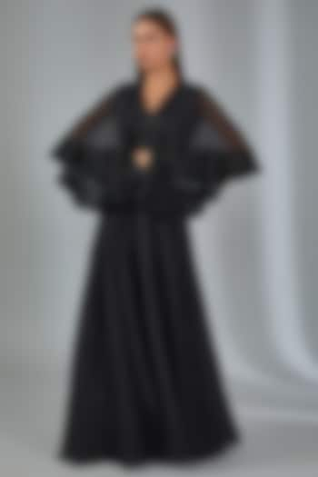 Black Net & Organza Embroidered Cape Set by Ridhi Mehra at Pernia's Pop Up Shop