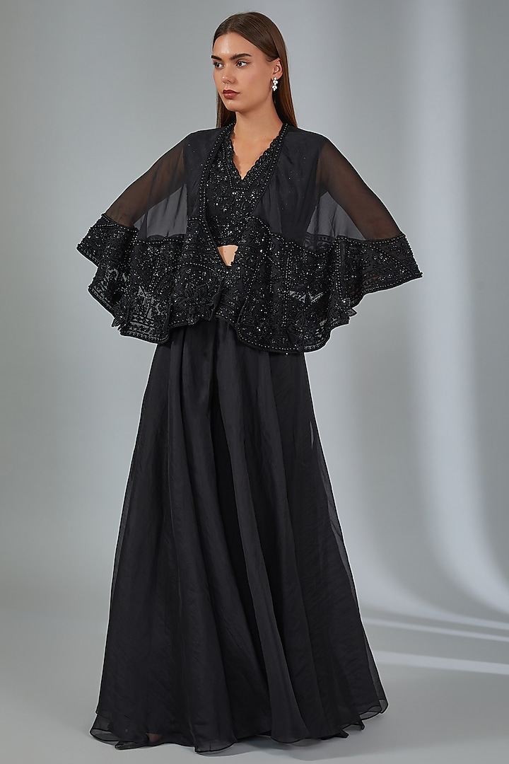 Black Net & Organza Embroidered Cape Set by Ridhi Mehra at Pernia's Pop Up Shop