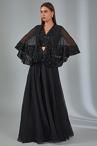 Black Net & Organza Embroidered Cape Set by Ridhi Mehra