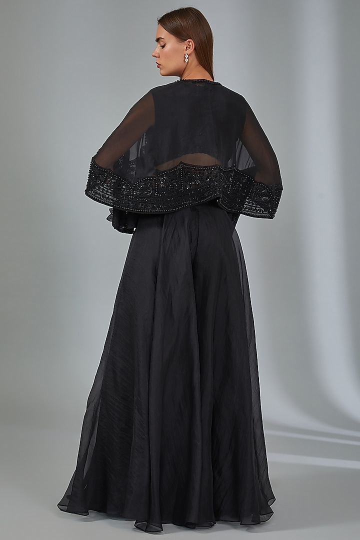 Black Net & Organza Embroidered Cape Set by Ridhi Mehra at Pernia's Pop Up Shop