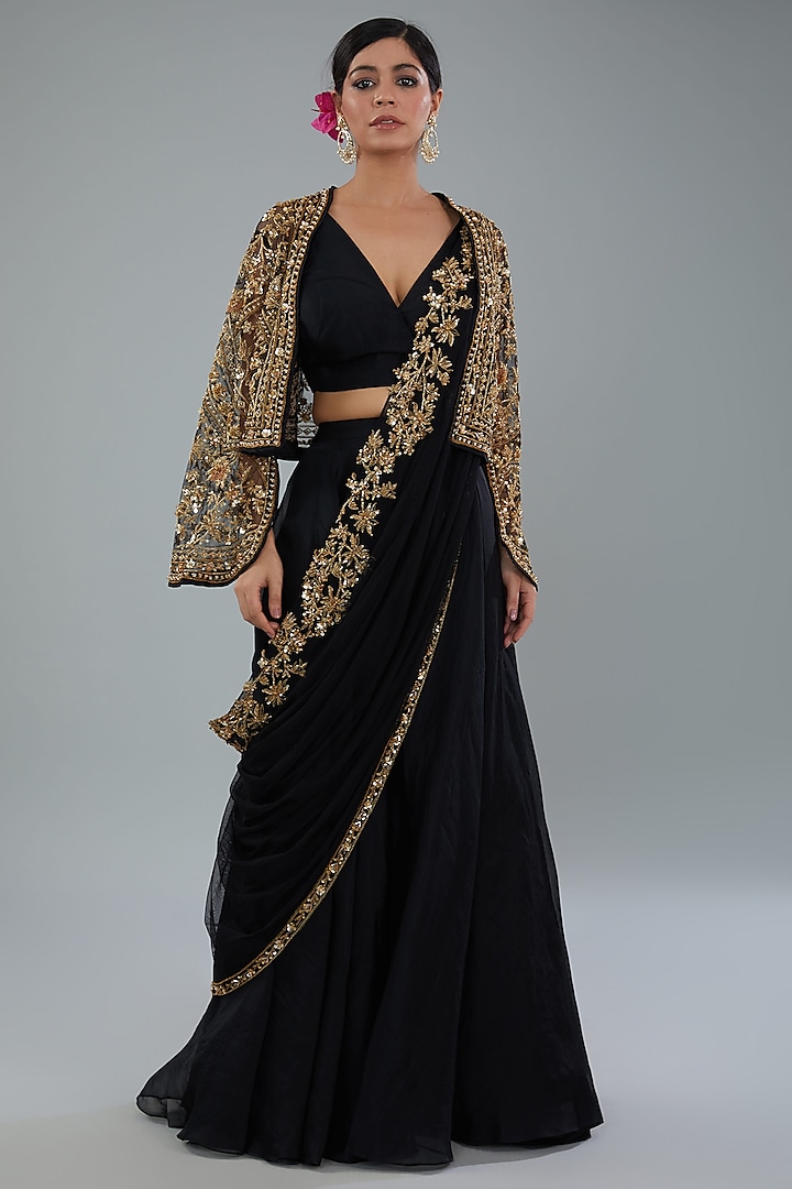 Black Organza Sharara Pant Saree Set by Ridhi Mehra at Pernia's Pop Up Shop