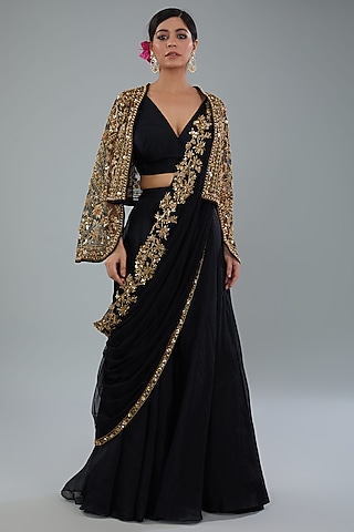 Black Organza Sharara Pant Saree Set by Ridhi Mehra