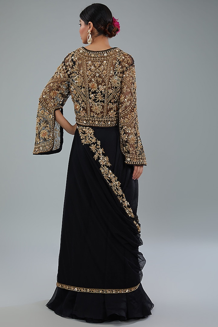 Black Organza Sharara Pant Bridal Saree Set by Ridhi Mehra at Pernia's Pop Up Shop