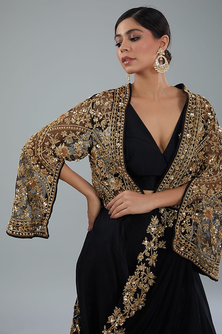 Black Organza Sharara Pant Bridal Saree Set by Ridhi Mehra at Pernia's Pop Up Shop