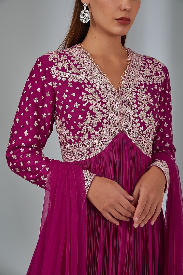 Red Fine Silk Bridal Anarkali Set by Ridhi Mehra at Pernia's Pop Up Shop