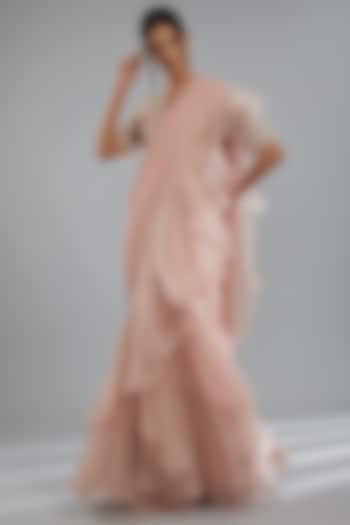 Dusty Pink Chiffon & Organza Ruffle Draped Reception Saree Set by Ridhi Mehra at Pernia's Pop Up Shop