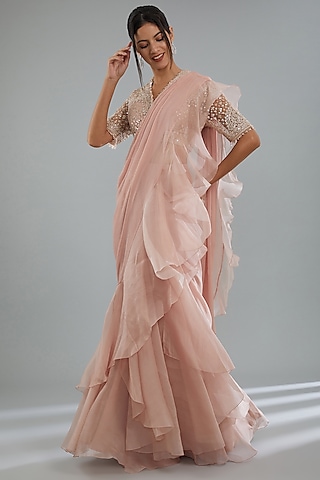 Dusty Pink Chiffon & Organza Ruffle Draped Saree Set by Ridhi Mehra