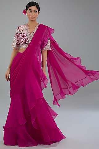 Red Chiffon & Organza Draped Saree Set by Ridhi Mehra