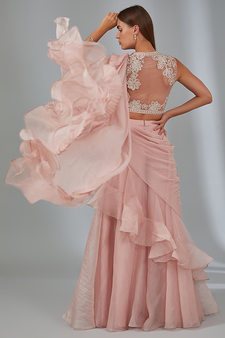 Dusky Pink Organza & Net Sharara Pant Reception Saree Set by Ridhi Mehra at Pernia's Pop Up Shop