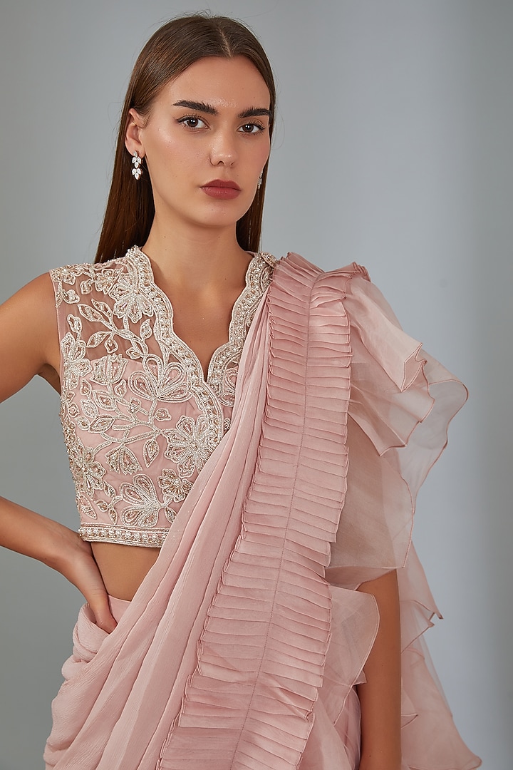 Dusky Pink Organza & Net Sharara Pant Reception Saree Set by Ridhi Mehra at Pernia's Pop Up Shop
