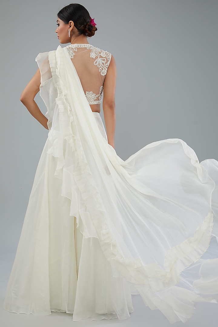 Ivory Organza & Net Sharara Pant Reception Saree Set by Ridhi Mehra at Pernia's Pop Up Shop