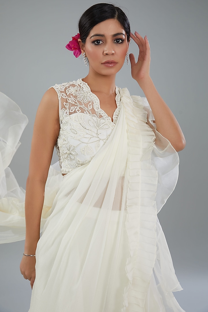 Ivory Organza & Net Sharara Pant Reception Saree Set by Ridhi Mehra at Pernia's Pop Up Shop