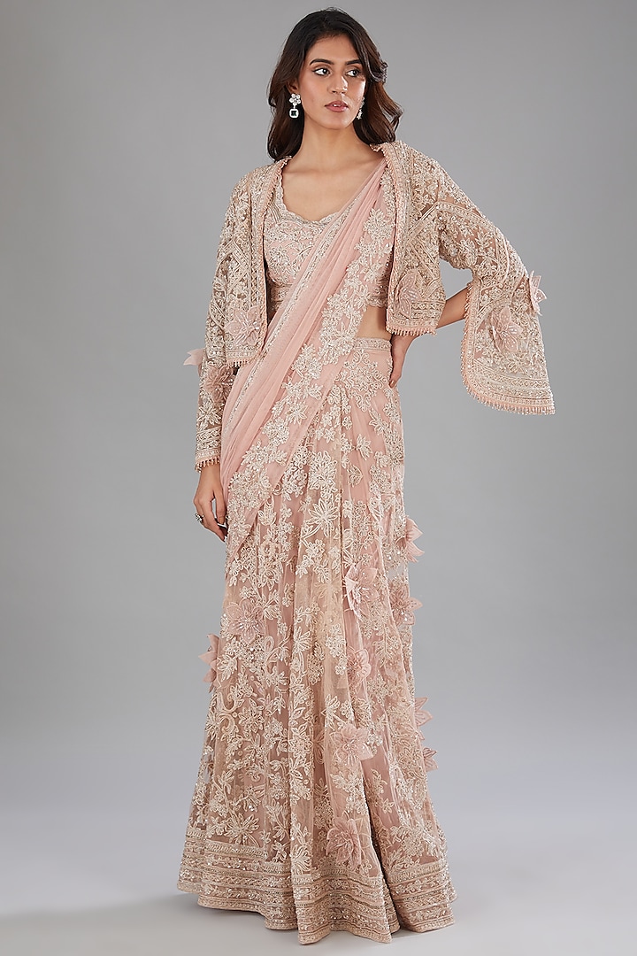 Dusty Pink Net Embroidered Skirt Set by Ridhi Mehra at Pernia's Pop Up Shop