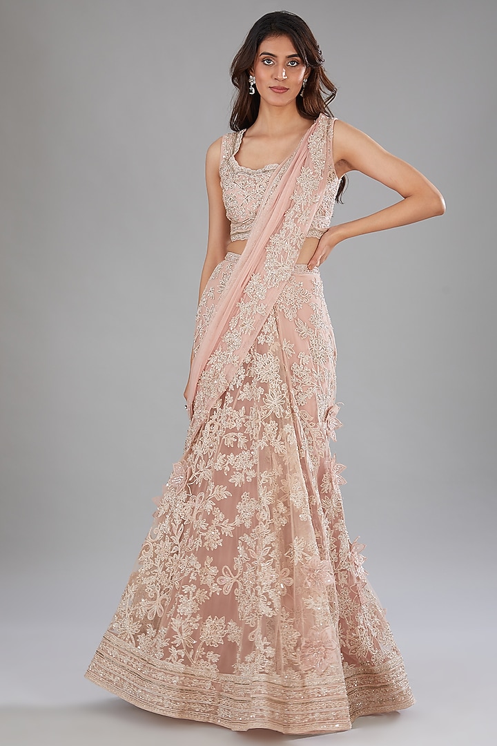 Dusty Pink Net Embroidered Skirt Set by Ridhi Mehra at Pernia's Pop Up Shop