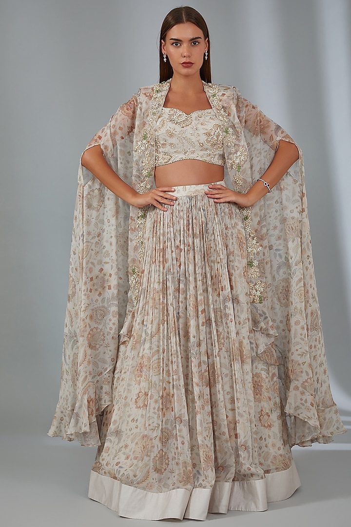 Ivory Chiffon Printed Skirt Set by Ridhi Mehra at Pernia's Pop Up Shop