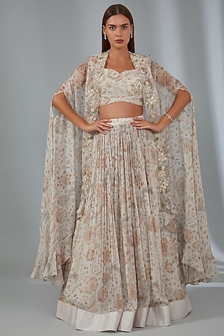 Ivory Chiffon Printed Skirt Set by Ridhi Mehra
