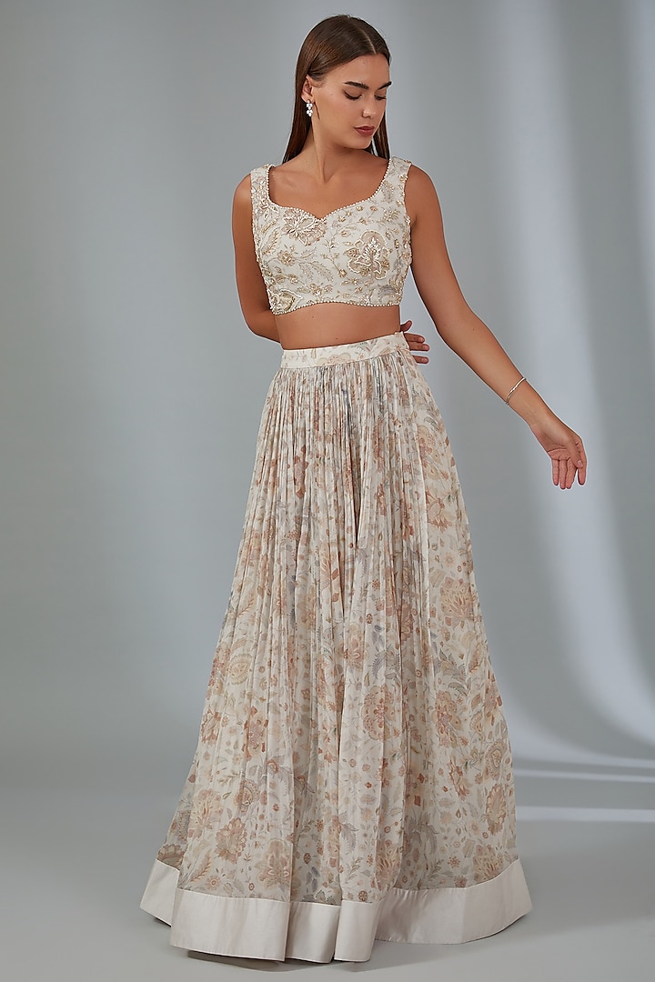 Ivory Chiffon Printed Skirt Set by Ridhi Mehra at Pernia's Pop Up Shop