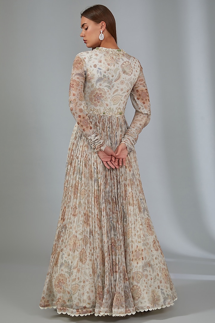 Ivory Chiffon Printed & Embroidered Bridal Anarkali Set by Ridhi Mehra at Pernia's Pop Up Shop
