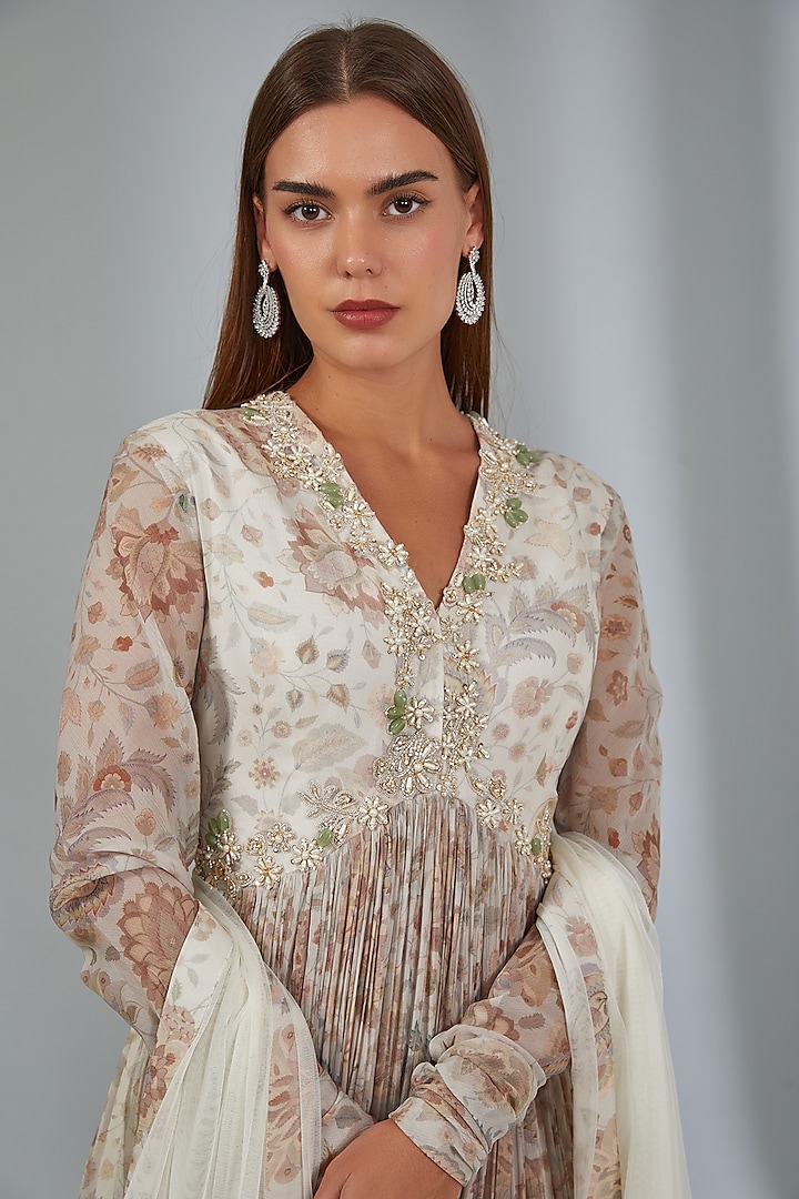 Ivory Chiffon Printed & Embroidered Bridal Anarkali Set by Ridhi Mehra at Pernia's Pop Up Shop
