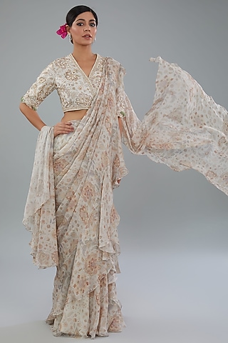 Ivory Chiffon Printed Draped Saree Set by Ridhi Mehra