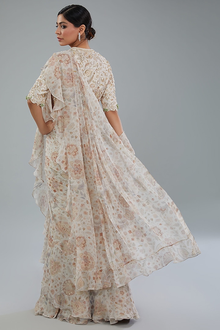 Ivory Chiffon Printed Draped Reception Saree Set by Ridhi Mehra at Pernia's Pop Up Shop
