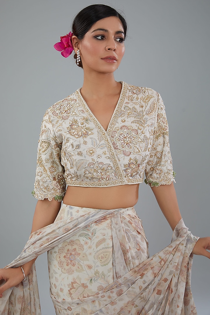 Ivory Chiffon Printed Draped Reception Saree Set by Ridhi Mehra at Pernia's Pop Up Shop