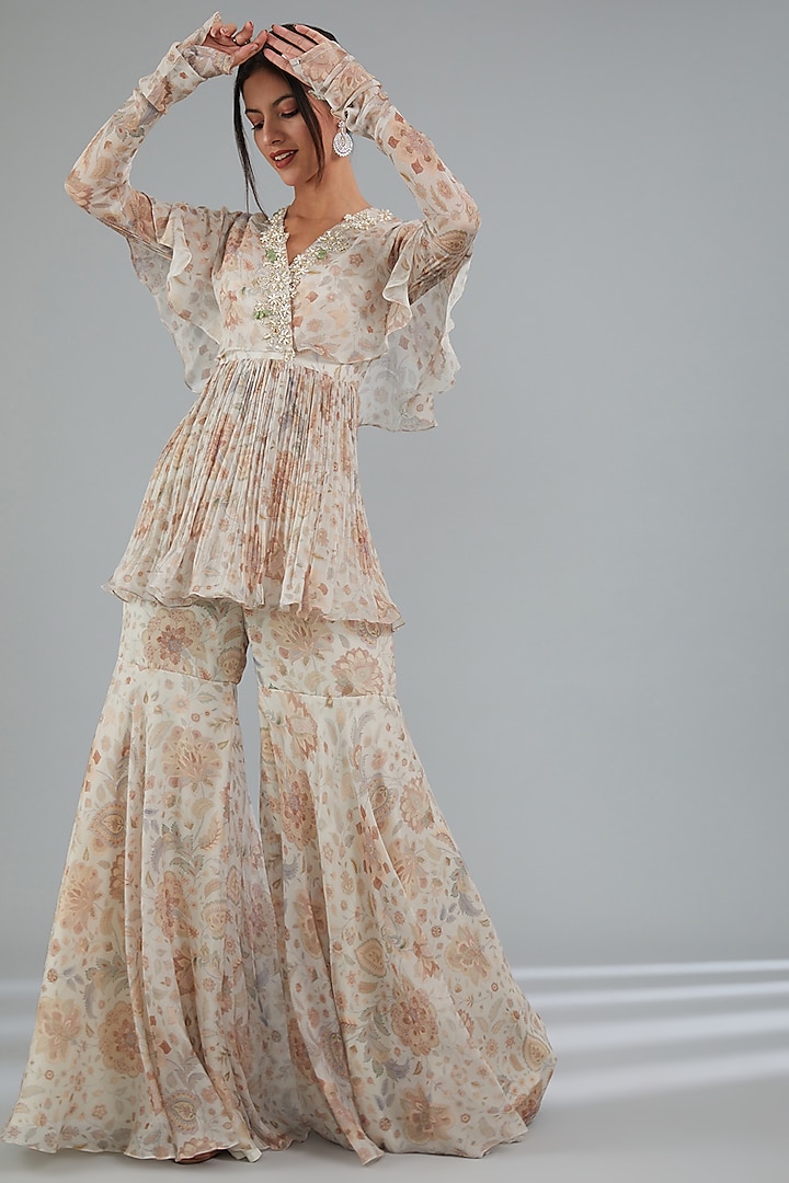 Ivory Chiffon Printed Gharara Set by Ridhi Mehra at Pernia's Pop Up Shop