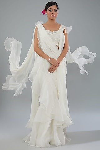 Ivory Chiffon Draped Saree Set by Ridhi Mehra