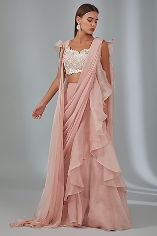 Dusky Pink Chiffon Draped Saree Set by Ridhi Mehra