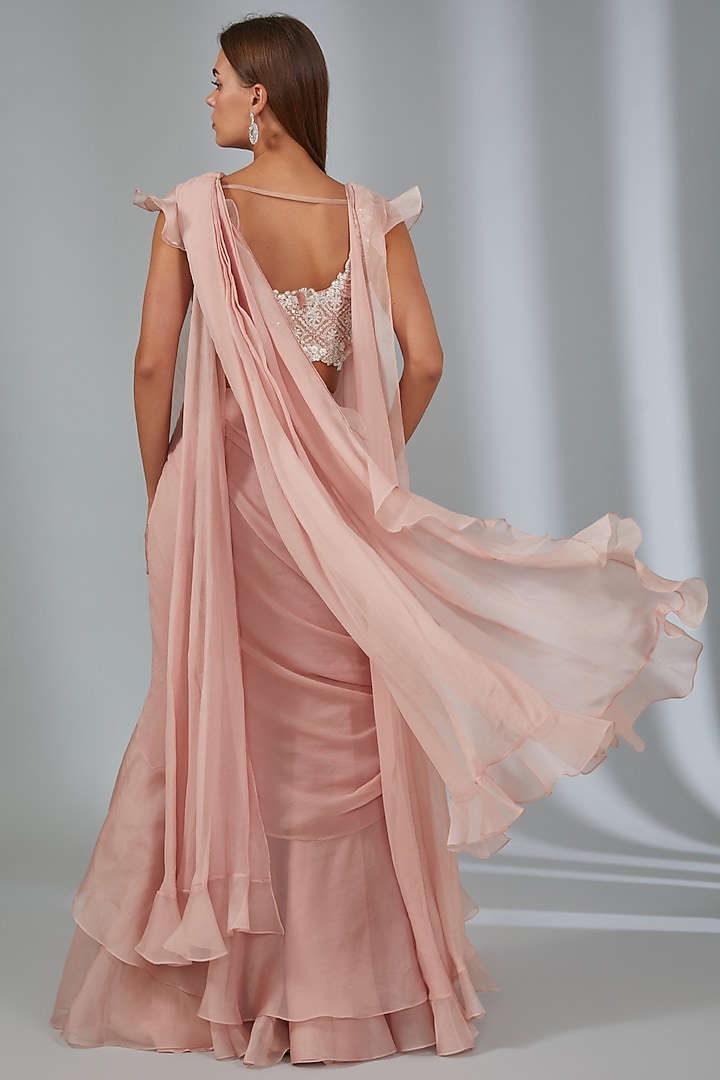 Dusky Pink Chiffon Draped Reception Saree Set by Ridhi Mehra at Pernia's Pop Up Shop