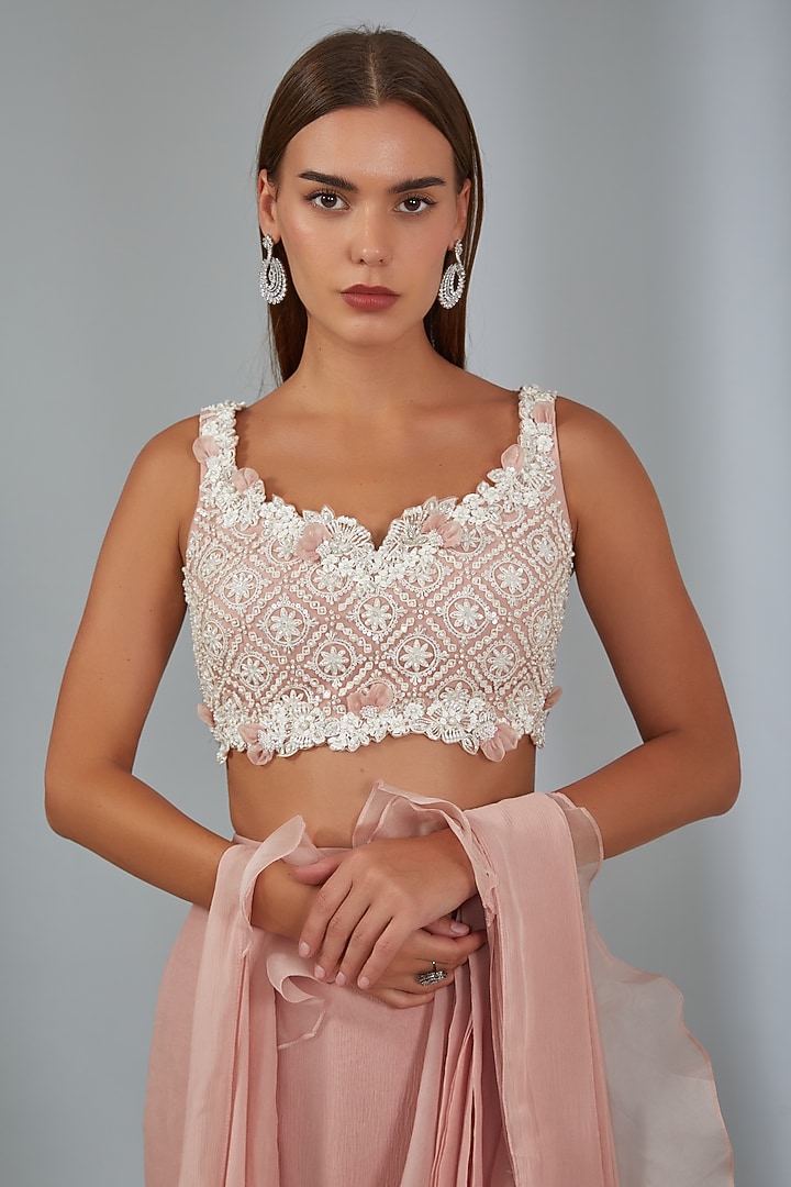 Dusky Pink Chiffon Draped Reception Saree Set by Ridhi Mehra at Pernia's Pop Up Shop