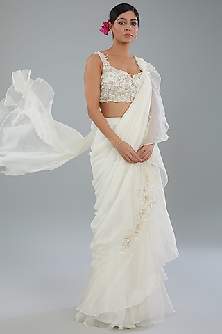 Ivory Chiffon & Organza Draped Saree Set by Ridhi Mehra