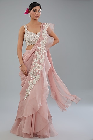 Dusky Pink Chiffon & Organza Draped Saree Set by Ridhi Mehra
