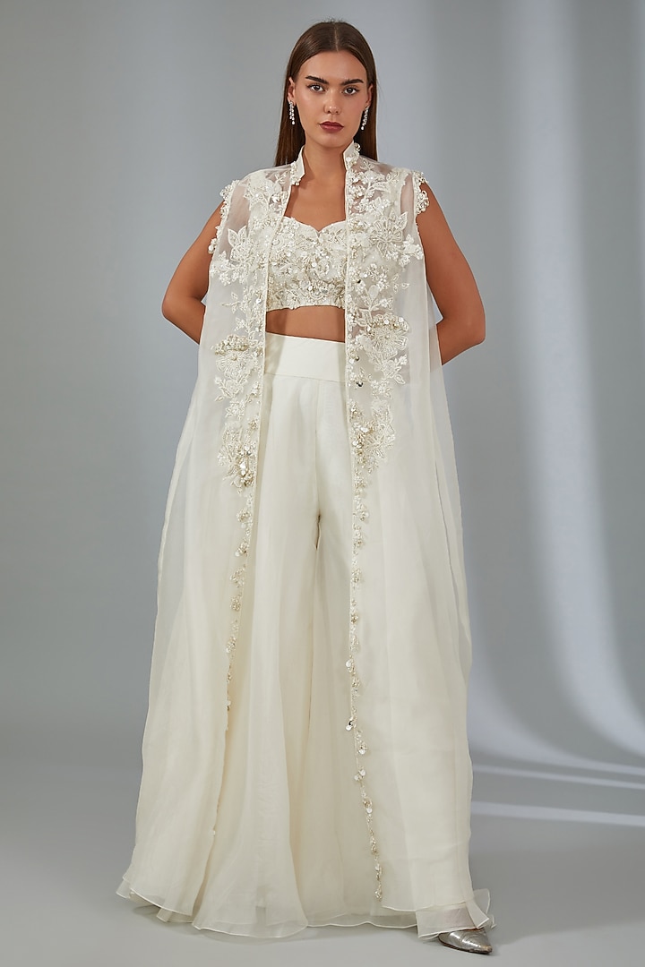 Ivory Organza Embroidered Jacket Set by Ridhi Mehra at Pernia's Pop Up Shop