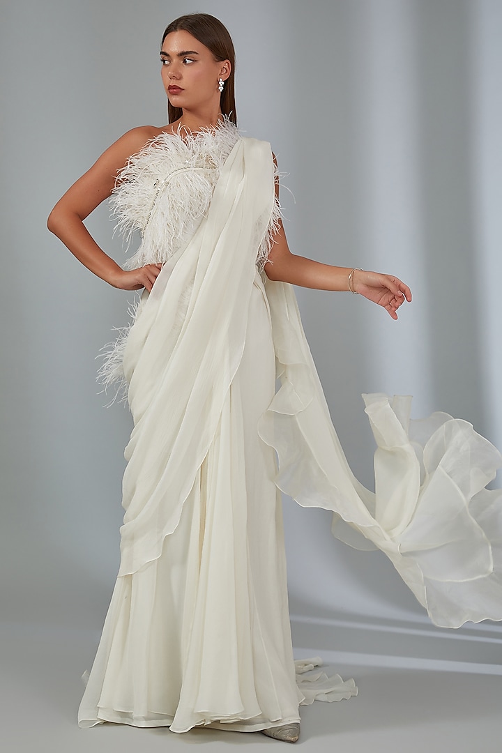 Ivory Chiffon Feather Embellished Draped Gown Saree Set by Ridhi Mehra
