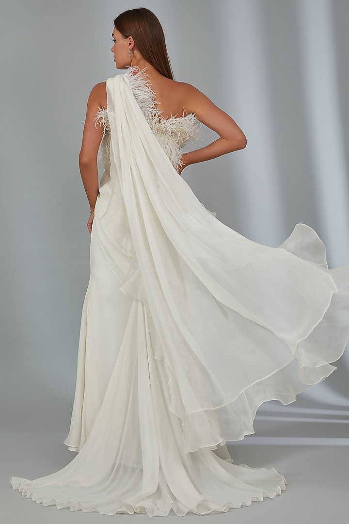 Ivory Chiffon Feather Embellished Draped Reception Gown Saree Set by Ridhi Mehra at Pernia's Pop Up Shop