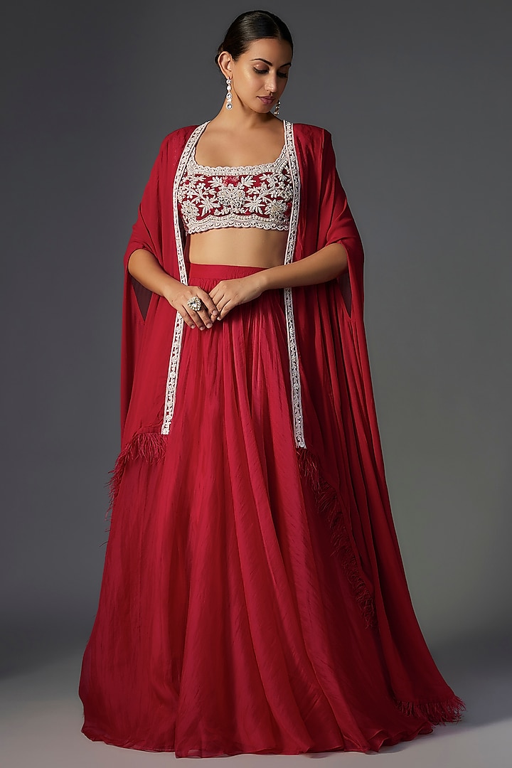 Red Chiffon Organza Jacket Wedding Lehenga Set by Ridhi Mehra at Pernia's Pop Up Shop