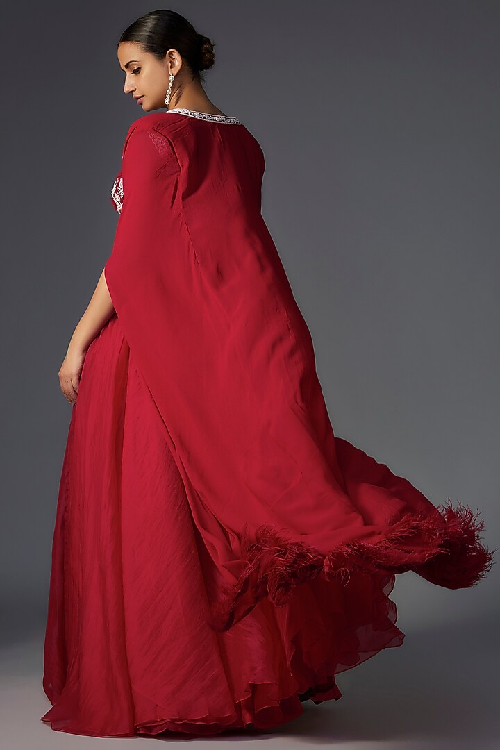 Red Chiffon Organza Jacket Wedding Lehenga Set by Ridhi Mehra at Pernia's Pop Up Shop