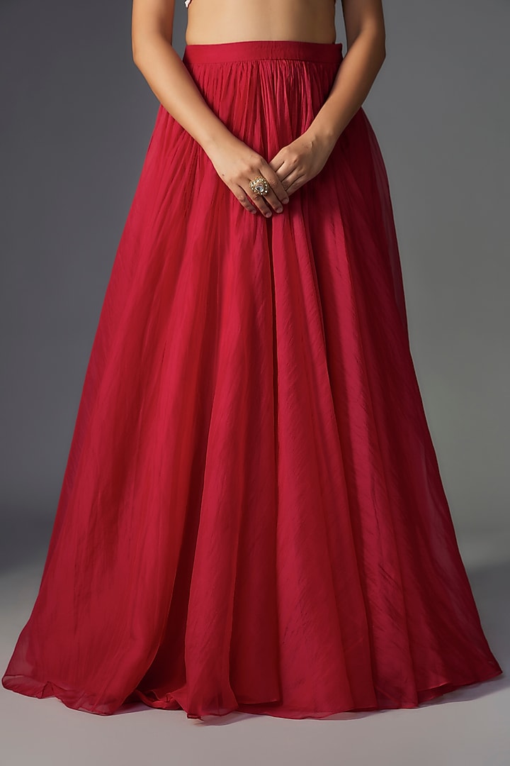 Red Chiffon Organza Jacket Wedding Lehenga Set by Ridhi Mehra at Pernia's Pop Up Shop