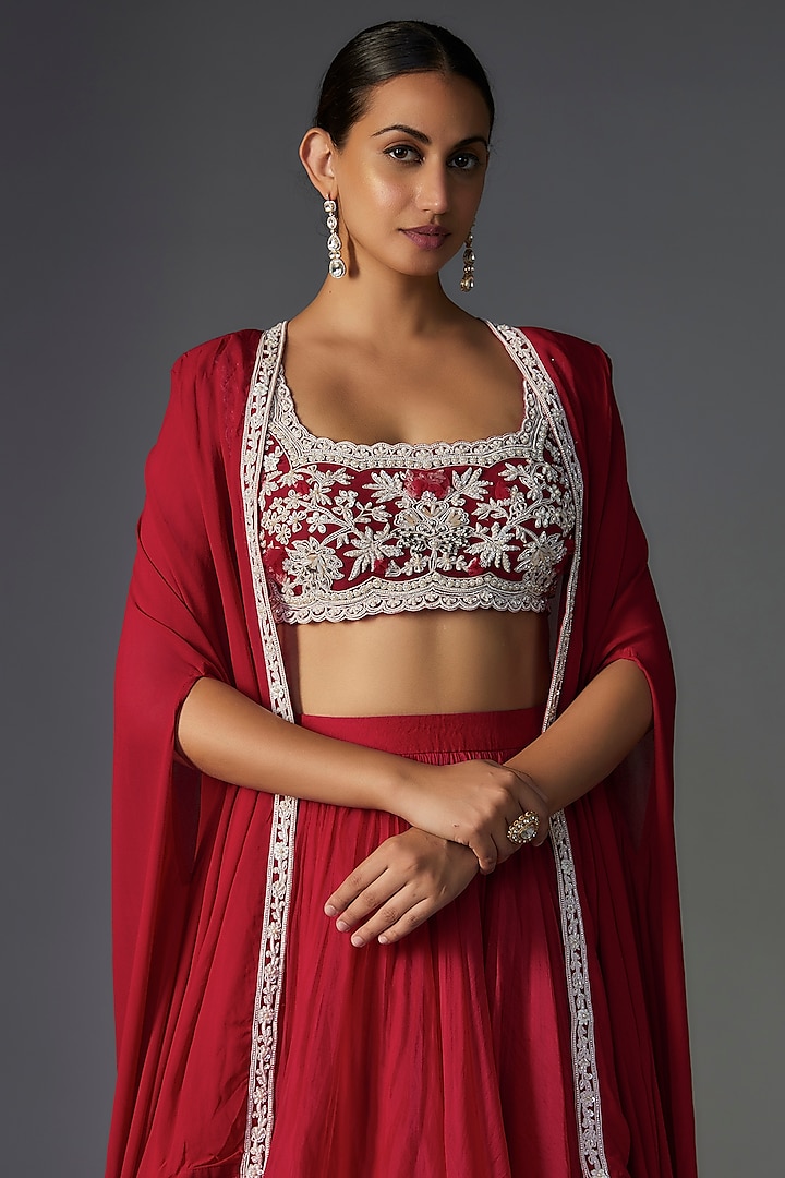 Red Chiffon Organza Jacket Wedding Lehenga Set by Ridhi Mehra at Pernia's Pop Up Shop