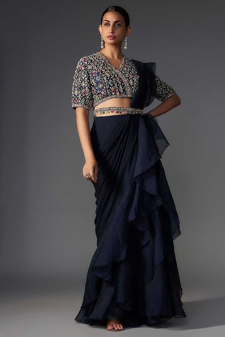 Navy Blue Chiffon Organza Draped Reception Saree Set by Ridhi Mehra at Pernia's Pop Up Shop
