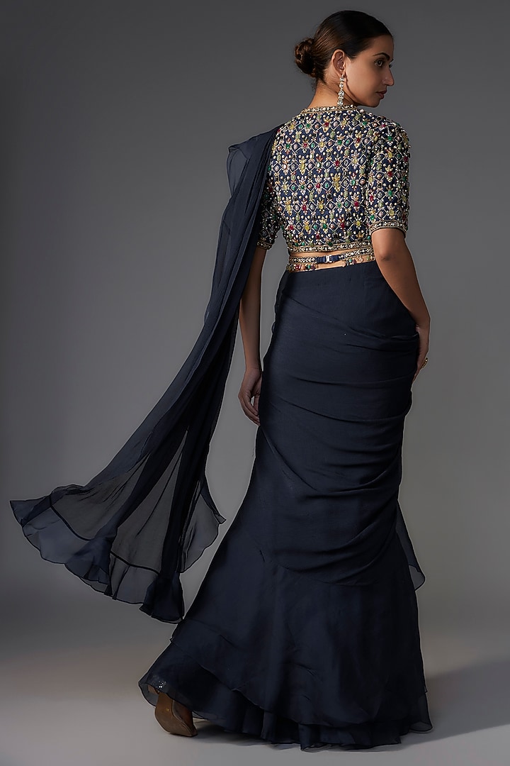 Navy Blue Chiffon Organza Draped Reception Saree Set by Ridhi Mehra at Pernia's Pop Up Shop