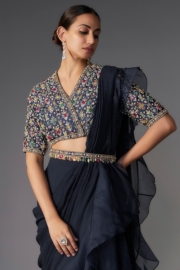 Navy Blue Chiffon Organza Draped Reception Saree Set by Ridhi Mehra at Pernia's Pop Up Shop