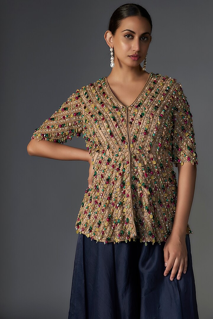 Beige Net Jewel Embroidered Jacket Set by Ridhi Mehra at Pernia's Pop Up Shop